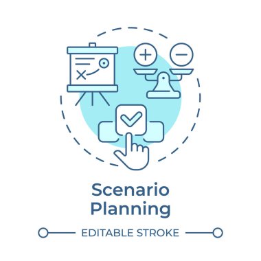 Senaryo planlama yumuşak mavi konsept simgesi. Olası gelecekteki olaylar gelişiyor. İşgücü tahmini yöntemi. Yuvarlak şekil çizimi. Soyut bir fikir. Grafik tasarımı. Günlük yazısını kullanmak kolay