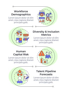 İşgücü kavrayışları dikey bilgi dizisi. İnsan kaynakları analizleri. İstihdamda yenilikler. 4 adımlı görselleştirme bilgi tablosu. Daireler iş akışı. Montserrat Yarı Kalın, Lato Düzenli yazı tipleri