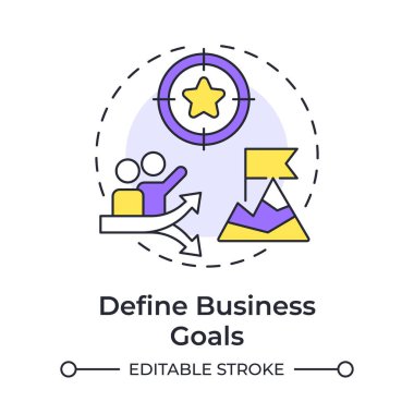 Ticari hedefleri tanımlamak çok renkli konsept simgesi. Örgüt başarmayı hedefliyor. İşgücü tahminleri var. Yuvarlak şekil çizimi. Soyut bir fikir. Grafik tasarımı. Günlük yazısını kullanmak kolay