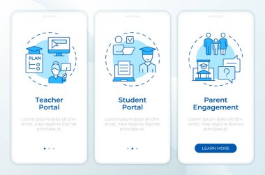 Mobil uygulama ekranında eğitim erişimi mavisi. Akademik aletler. Doğrusal kavramlarla birlikte düzenlenebilir grafik yönergelerini gezdir. UI, UX, GUI. Montserrat Yarı Kalın, Düzenli yazı tipleri