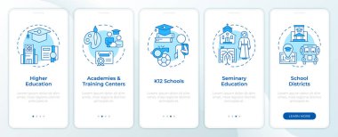 Mobil uygulama ekranında mavi renkli eğitim kuruluşları. Doğrusal kavramlarla düzenlenebilir grafik yönergelerini 5 adımda gezdir. UI, UX, GUI. Montserrat Yarı Kalın, Düzenli yazı tipleri
