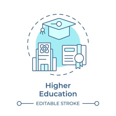 Yüksek öğrenim yumuşak mavi konsept ikonu. Mezuniyet belgesi. Üniversite, üniversite. Yuvarlak şekil çizimi. Soyut bir fikir. Grafik tasarımı. Yazıda ve bilgide kullanması kolay