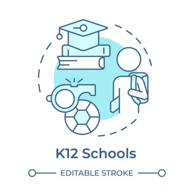K12 okullarının yumuşak mavi konsept simgesi. Spor müsabakaları, rekabet. Eğitim materyalleri. Yuvarlak şekil çizimi. Soyut bir fikir. Grafik tasarımı. Yazıda ve bilgide kullanması kolay