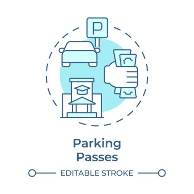 Otopark, yumuşak mavi konsept simgesinden geçer. Masraflar, maliyet. Üniversite, üniversite. Şehir, trafik. Yuvarlak şekil çizimi. Soyut bir fikir. Grafik tasarımı. Yazıda ve bilgide kullanması kolay