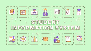 Öğrenci bilgi sistemi yeşil kelime kavramı. Öğretmenlik, yardım. Çalışıyor, öğreniyor. Tipografi afişi. Başlık metniyle vektör illüstrasyonu, düzenlenebilir simge rengi. İnbot Sans yazı tipi kullanıldı