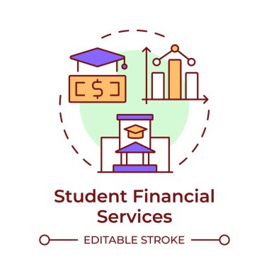 Öğrenci finans hizmetleri çok renkli konsept simgesi. İstatistiksel ölçüler, hesap verebilirlik. Bütçe yönetimi. Yuvarlak şekil çizimi. Soyut bir fikir. Grafik tasarımı. Makalede kullanması kolay