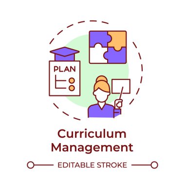 Müfredat yönetimi çok renkli konsept simgesi. Çalışma planı, program. Öğrenme süreci. Yuvarlak şekil çizimi. Soyut bir fikir. Grafik tasarımı. Yazıda ve bilgide kullanması kolay
