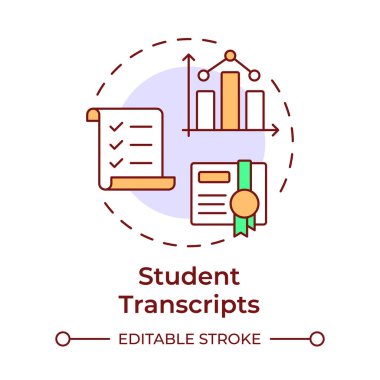 Öğrenci transkripti çok renkli konsept simgesi. İstatistiksel ölçümler, analiz. Sertifika, kontrol listesi. Yuvarlak şekil çizimi. Soyut bir fikir. Grafik tasarımı. Yazıda ve bilgide kullanması kolay