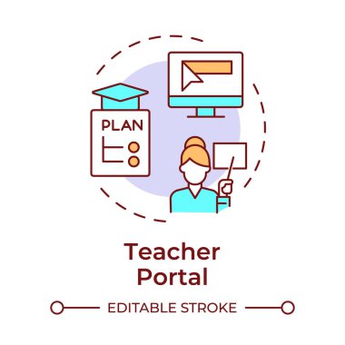Öğretmen portalı çok renkli konsept simgesi. Planları öğrenmek, öğretmenlik. Akademik programlar. Yuvarlak şekil çizimi. Soyut bir fikir. Grafik tasarımı. Yazıda ve bilgide kullanması kolay