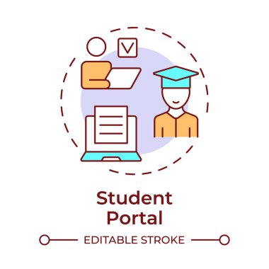 Öğrenci portalı çok renkli konsept simgesi. Akademik araçlar, öğrenme materyalleri. Eğitimsel erişim. Yuvarlak şekil çizimi. Soyut bir fikir. Grafik tasarımı. Yazıda ve bilgide kullanması kolay