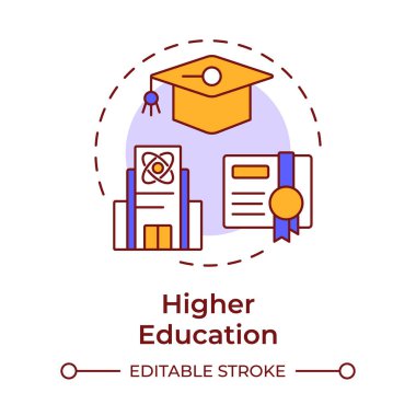 Yüksek öğrenim çok renkli konsept simgesi. Mezuniyet belgesi. Üniversite, üniversite. Yuvarlak şekil çizimi. Soyut bir fikir. Grafik tasarımı. Yazıda ve bilgide kullanması kolay