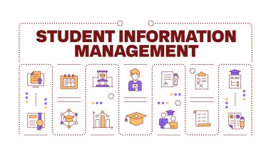 Öğrenci bilgi yönetimi kelime kavramı beyaza izole edildi. Mezuniyet belgesi. Çalışıyor, öğreniyor. Düzenlenebilir renkli çizgi simgeleriyle çevrili yaratıcı illüstrasyon afişi. İnbot Sans yazı tipi kullanıldı