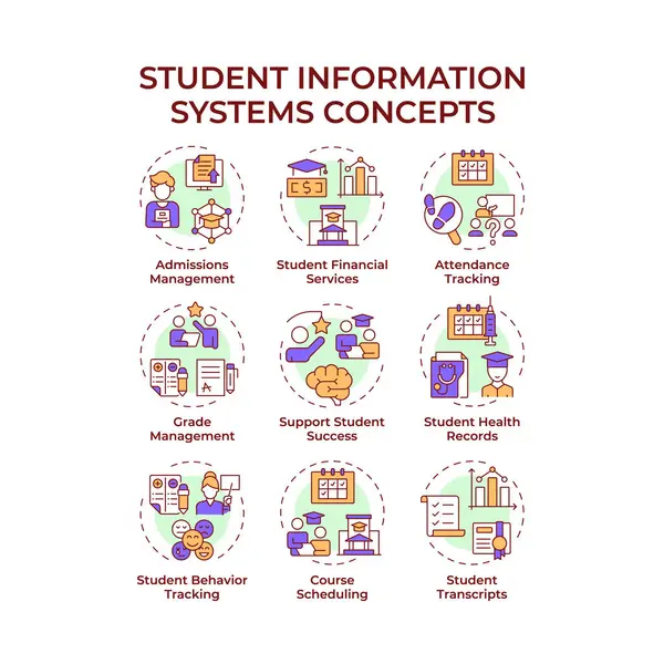 Öğrenci bilgi sistemleri çok renkli konsept simgeleri. Not yönetimi. Öğretmenlik, koçluk. Simge paketi. Vektör görüntüleri. Makale ve bilgi için yuvarlak şekilli çizimler. Soyut fikir