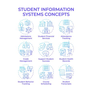 Öğrenci bilgi sistemleri mavi gradyan kavram simgeleri. Not yönetimi. Öğretmenlik, koçluk. Simge paketi. Vektör görüntüleri. Makale ve bilgi için yuvarlak şekilli çizimler. Soyut fikir