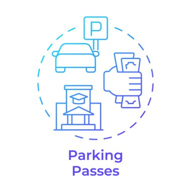 Park yeri mavi gradyan konsept simgesinden geçer. Masraflar, maliyet. Üniversite, üniversite. Şehir, trafik. Yuvarlak şekil çizimi. Soyut bir fikir. Grafik tasarımı. Yazıda ve bilgide kullanması kolay