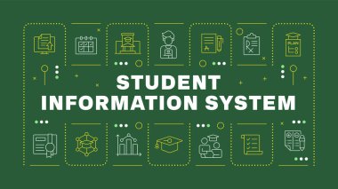 Öğrenci bilgi sistemi yeşil kelime kavramı. Çalışma planı. Öğrenme materyalleri organizasyonu. Yatay vektör görüntüsü. Düzenlenebilir taslak simgelerle çevrili başlık metni. İnbot Sans yazı tipi kullanıldı