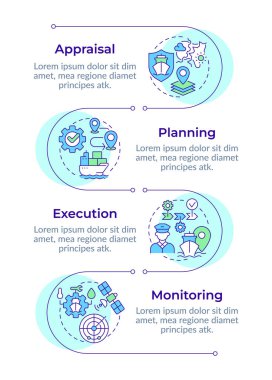 Geçiş planlama aşamaları dikey bilgi sıralaması. Gemiyi kurtarma rotası geliştiriliyor. 4 adımlı görselleştirme bilgi tablosu. Daireler iş akışı. Montserrat Yarı Kalın, Lato Düzenli yazı tipleri