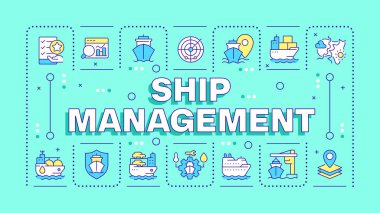Gemi yönetimi yeşil kelime kavramı. Deniz kargo taşıma sistemi. Deniz lojistiği. Tipografi afişi. Başlık metniyle vektör illüstrasyonu, düzenlenebilir simge rengi. İnbot Sans yazı tipi kullanıldı