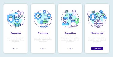 Taşınabilir uygulama ekranında geçiş planları. Nakliye. Doğrusal kavramlarla düzenlenebilir grafik yönergelerini dört adımda gözden geçir. UI, UX, GUI. Montserrat Yarı Kalın, Düzenli yazı tipleri