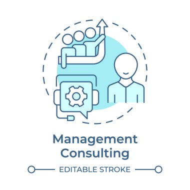 Yönetim, yumuşak mavi konsept ikonuna danışıyor. İş akışı verimliliği, performans. Yuvarlak şekil çizimi. Soyut bir fikir. Grafik tasarımı. Bilgide ve sunumda kullanması kolay
