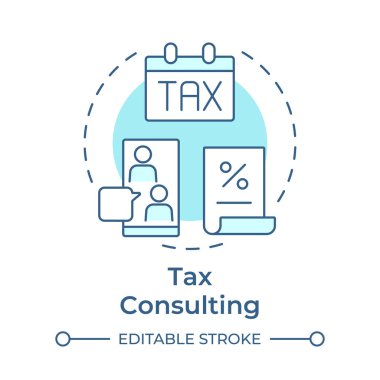 Vergi danışmanlığı, yumuşak mavi konsept ikonu. Gider yönetimi. Finans, ekonomi. Yuvarlak şekil çizimi. Soyut bir fikir. Grafik tasarımı. Bilgide ve sunumda kullanması kolay
