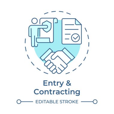 Giriş ve büzüşme yumuşak mavi konsept simgesi. Sorumluluklar, anlaşmalar. Takım çalışması organizasyonu. Yuvarlak şekil çizimi. Soyut bir fikir. Grafik tasarımı. Bilgide kullanması kolay