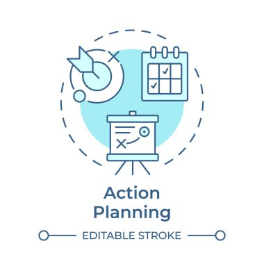Eylem planlama yumuşak mavi konsept simgesi. İş stratejisi. Gol, dönüm noktası. Risk değerlendirmesi. Yuvarlak şekil çizimi. Soyut bir fikir. Grafik tasarımı. Bilgide ve sunumda kullanması kolay