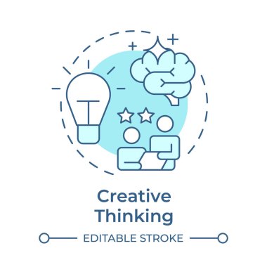 Yaratıcı düşünce yumuşak mavi konsept ikonu. Yenilikçi fikirler. Sorun çözme. Yardım, destek. Yuvarlak şekil çizimi. Soyut bir fikir. Grafik tasarımı. Bilgide ve sunumda kullanması kolay