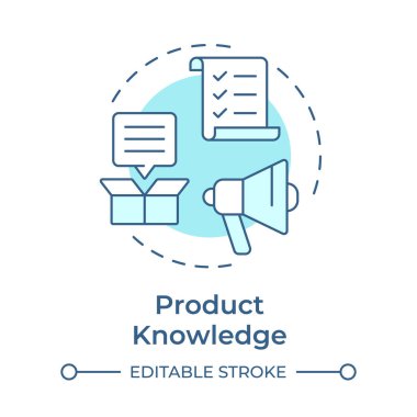 Ürün bilgisi yumuşak mavi konsept ikonu. Piyasa konumlandırması. Geri bildirim, anket. Yuvarlak şekil çizimi. Soyut bir fikir. Grafik tasarımı. Bilgide ve sunumda kullanması kolay