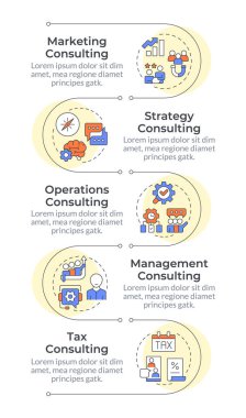İş danışmanlığı enfografik dikey sıralama. Pazar araştırması, pazarlama. 5 adımlı görselleştirme bilgi tablosu. Daireler iş akışı. Montserrat Yarı Kalın, Lato Düzenli yazı tipleri