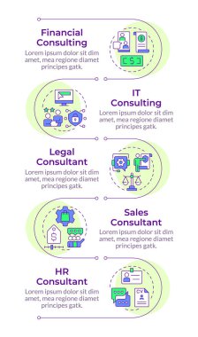 Danışmanlık hizmetleri alanları bilgi dikey dizisi. İnsan işçiler, istihdam. 5 adımlı görselleştirme bilgi tablosu. Daireler iş akışı. Montserrat Yarı Kalın, Lato Düzenli yazı tipleri