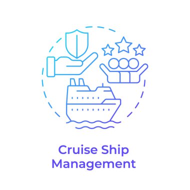 Gemi yönetimi mavi gradyan konsept simgesi. Deniz boyunca seyahat eden yolcular. Gemi tipi düzenleme çözeltisi. Yuvarlak şekil çizimi. Soyut bir fikir. Grafik tasarımı. Kitapçıkta kullanması kolay