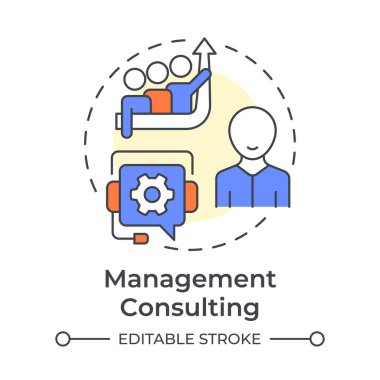 Yönetim çok renkli konsept ikonuna danışıyor. İş akışı verimliliği, performans. Yuvarlak şekil çizimi. Soyut bir fikir. Grafik tasarımı. Bilgide ve sunumda kullanması kolay