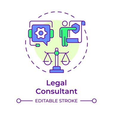 Hukuk danışmanı çok renkli konsept ikonu. Hukuk, haklar. Düzenli uyum sağlama. Yuvarlak şekil çizimi. Soyut bir fikir. Grafik tasarımı. Bilgide ve sunumda kullanması kolay