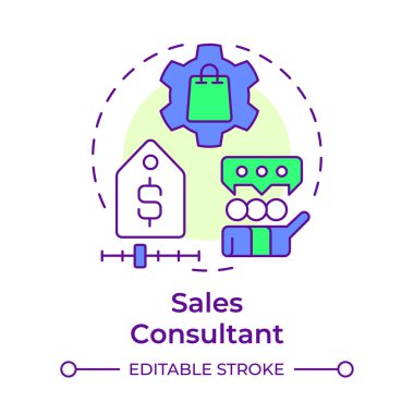 Satış danışmanı çok renkli konsept ikonu. CRM sistemi. Gelir, gelir. Yardım, tavsiye. Yuvarlak şekil çizimi. Soyut bir fikir. Grafik tasarımı. Bilgide ve sunumda kullanması kolay