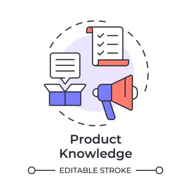 Ürün bilgisi çok renkli konsept simgesi. Piyasa konumlandırması. Geri bildirim, anket. Yuvarlak şekil çizimi. Soyut bir fikir. Grafik tasarımı. Bilgide ve sunumda kullanması kolay