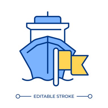 Geminin bayrak rengi simgesi. Tüccar gemisi kayıt ülkesi. Denizcilik kargo taşımacılığının yasal düzenlemesi. İzole vektör çizimi. Düz renkli sembol tasarımı. Düzenlenebilir vuruş