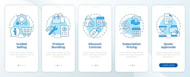 Mobil uygulama ekranında CPQ işlevselliği mavi. Fiyat stratejisi. Doğrusal kavramlarla düzenlenebilir grafik yönergelerini 5 adımda gezdir. UI, UX, GUI. Montserrat Yarı Kalın, Düzenli yazı tipleri
