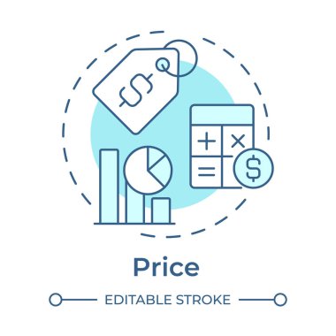 Fiyat yumuşak mavi konsept simgesi. Veri analizi, istatistiksel ölçüler. İndirim, hesaplama. Yuvarlak şekil çizimi. Soyut bir fikir. Grafik tasarımı. Bilgi ve yazıda kullanması kolay