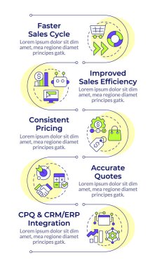 Alıntı yönetimi, dikey bilgi dizisine yarar. Satış döngüsü, verimlilik. 5 adımlı görselleştirme bilgi tablosu. Daireler iş akışı. Montserrat Yarı Kalın, Lato Düzenli yazı tipleri