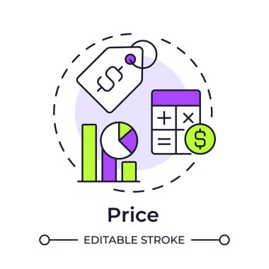 Fiyat çok renkli konsept simgesi. Veri analizi, istatistiksel ölçüler. İndirim, hesaplama. Yuvarlak şekil çizimi. Soyut bir fikir. Grafik tasarımı. Bilgi ve yazıda kullanması kolay