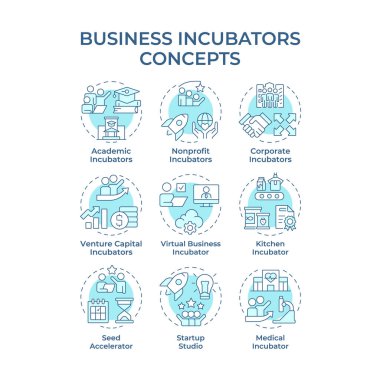 İş kuvözleri, yumuşak mavi konsept simgeleri. Girişim sermayesi, fon. Akademik, kâr amacı gütmeyen. Simge paketi. Vektör görüntüleri. Bilgi ve broşür için yuvarlak şekilli çizimler. Soyut fikir