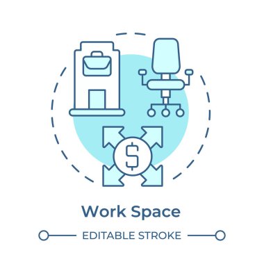 Çalışma alanı yumuşak mavi konsept simgesi. Profesyonel çevre. İş, şirket. Yuvarlak şekil çizimi. Soyut bir fikir. Grafik tasarımı. Bilgi ve broşürde kullanması kolay