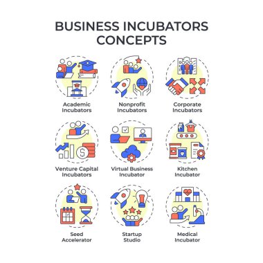 İş kuluçka makineleri çok renkli konsept simgeleri. Girişim sermayesi, fon. Akademik, kâr amacı gütmeyen. Simge paketi. Vektör görüntüleri. Bilgi ve broşür için yuvarlak şekilli çizimler. Soyut fikir