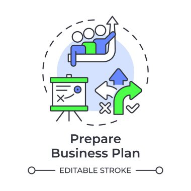 İş planı çok renkli konsept simgesini hazırlayın. Şirket stratejisi. Pazar analizi, ürünler. Yuvarlak şekil çizimi. Soyut bir fikir. Grafik tasarımı. Bilgi ve broşürde kullanması kolay