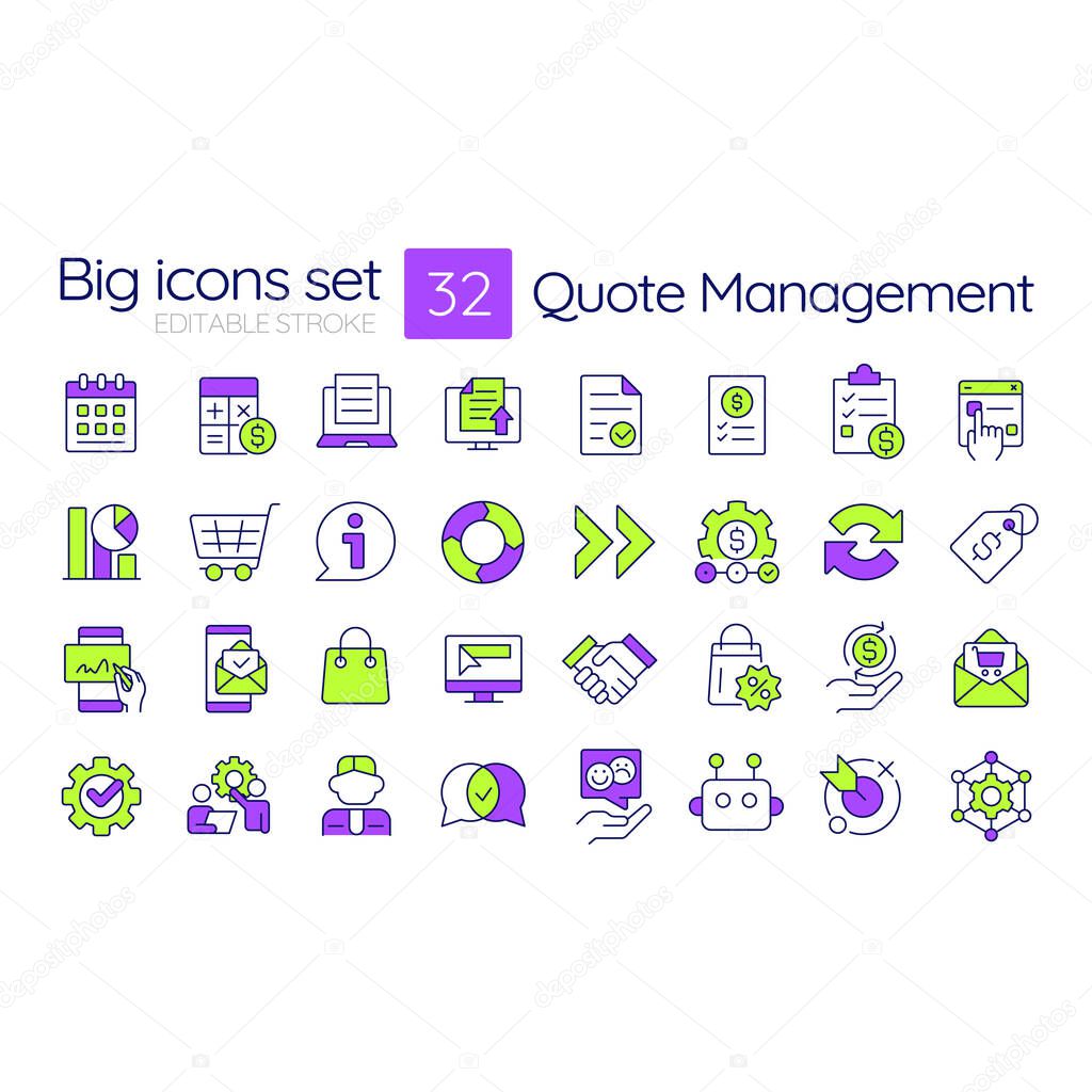 Quote management line color icons set. Workflow organization, documents. Price control, discount. Agreement, negotiation. Vector illustrations. Simple flat colorful symbols collection. Editable stroke