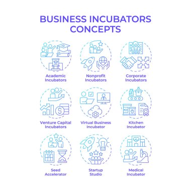 İş kuvözleri mavi gradyan konsept simgeleri. Girişim sermayesi, fon. Akademik, kâr amacı gütmeyen. Simge paketi. Vektör görüntüleri. Bilgi ve broşür için yuvarlak şekilli çizimler. Soyut fikir