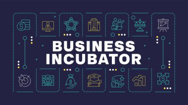 İşletme kuvözü mor kelime konsepti. Planlama, strateji. Danışmanlık hizmetleri, yasal. Yatay vektör görüntüsü. Düzenlenebilir taslak simgelerle çevrili başlık metni. İnbot Sans yazı tipi kullanıldı