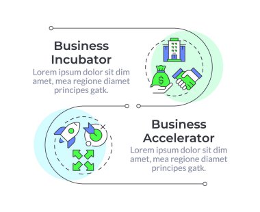 Şirket büyüme programları dikey bilgi dizisi. İş genişletme, finansman. İki adımlı görselleştirme bilgisi. Daireler iş akışı. Montserrat Yarı Kalın, Lato Düzenli yazı tipleri