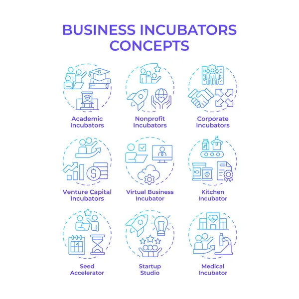 İş kuvözleri mavi gradyan konsept simgeleri. Girişim sermayesi, fon. Akademik, kâr amacı gütmeyen. Simge paketi. Vektör görüntüleri. Bilgi ve broşür için yuvarlak şekilli çizimler. Soyut fikir